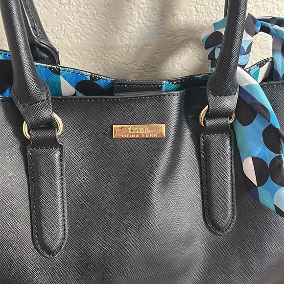 TRINA TURK BLACK VEGAN SHOULDER BAG BLUE BLACK DOT INTERIOR WITH BAG SCARF - Picture 3 of 16